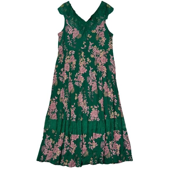torrid Dresses & Skirts - Torrid Gauze Floral Green Smocked Waist Lace Trim Sleeveless Maxi Dress Size 3